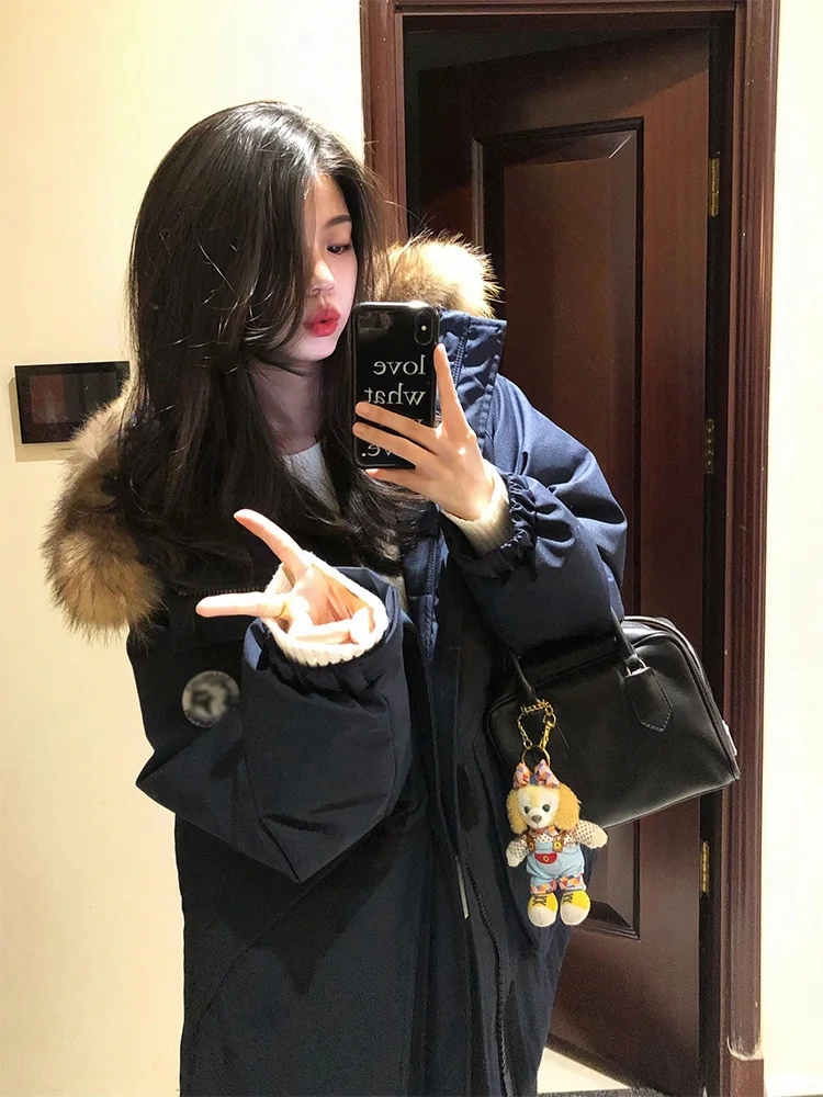 

Корейская хлопковая куртка-парка в Корейском стиле, женская зимняя парка с капюшоном, большой меховой воротник, теплая длинная верхняя одежда све