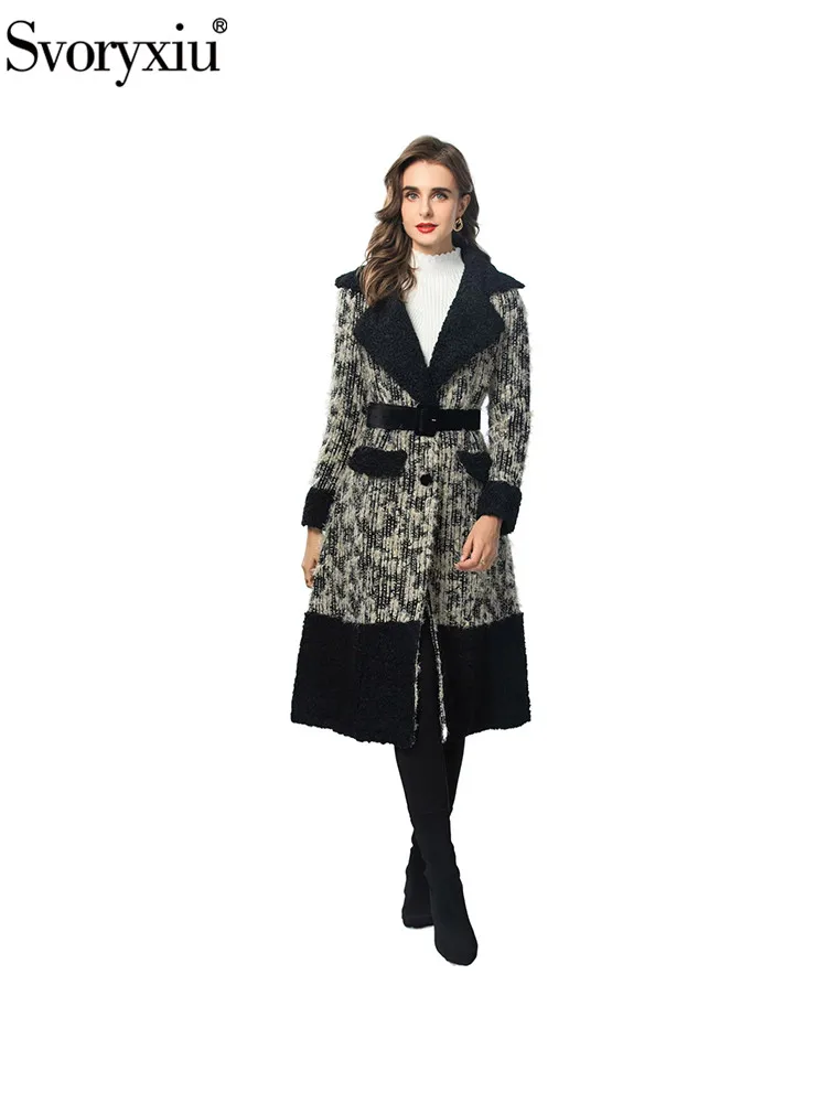 

Svoryxiu Fashion Runway Winter Vintage Knee-Length Outerwear Women's Plush Turn-down Collar Long Sleeve Belt Slim A-Line Coat