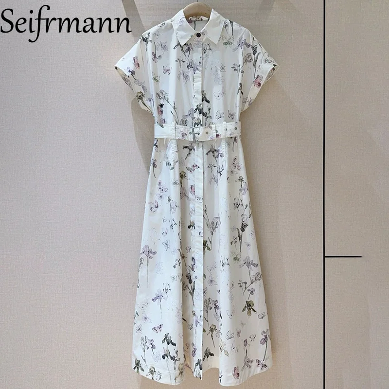 Seifrmann 2026 Sommer Damen Neues Modisches Revers-Kurzarmkleid aus Baumwolle mit Aufdruck und Taillengürtel