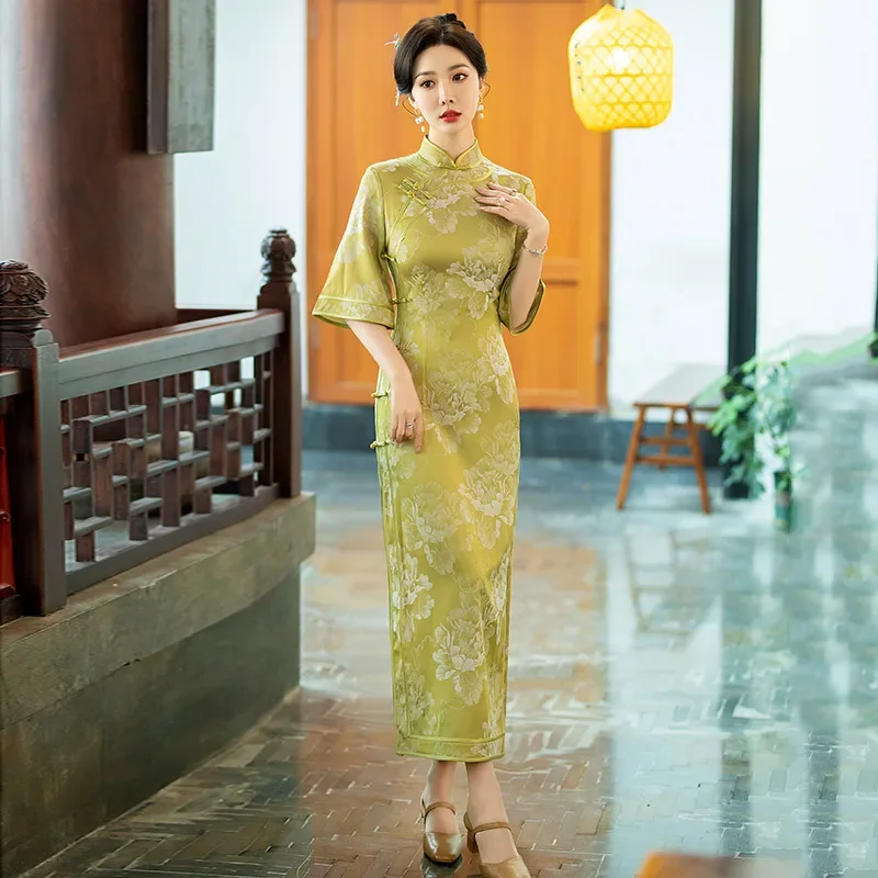 

Весенне-осеннее двойное длинное платье Cheongsam со средним рукавом, новинка 2025, женское облегающее платье Ципао в китайском стиле ретро