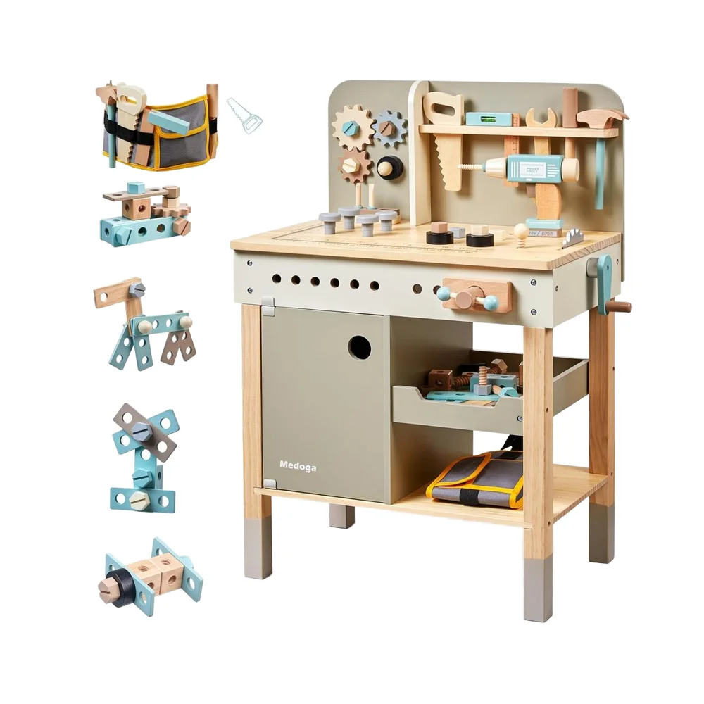 Wooden Play Tools Set for Kids 3-5 Years Old Boys Girls Workbench Pretend Construction Tools Kids Tool Belt Toy Drill Gift