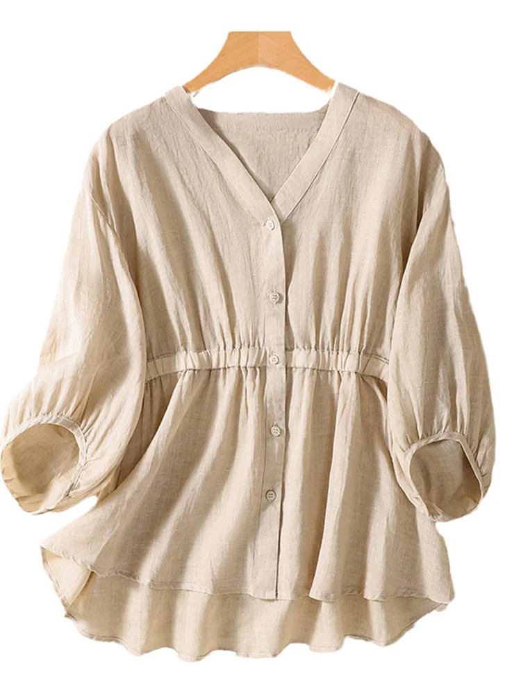 V-Ne القطن الكتان دمية irt المرأة أناقة الصيف أعلى خمسة أرباع Sve زر متابعة فضفاضة تناسب العادية طول تخفيف Sle #5