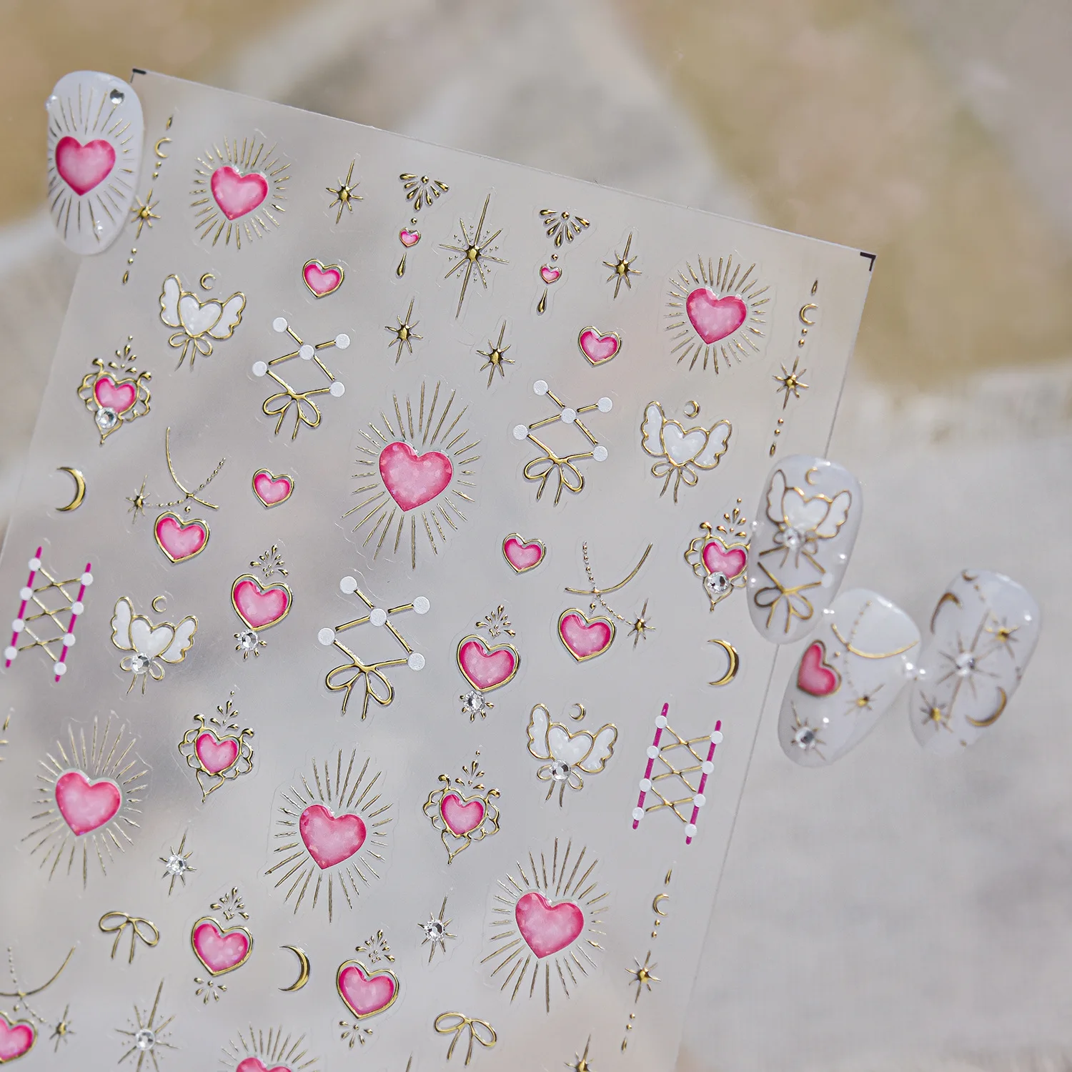 Pegatinas de Uñas Doradas Celestiales Francesas 5D, con Baño de Oro, Corazón Rosa, Borde Metálico, Rayo, Estrella, Ala de Ángel, Lazo, Luna, Estrella, Cinta y Líneas Decorativas