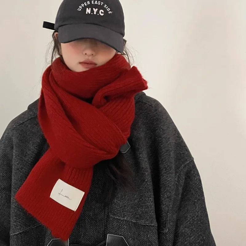 New Year Red Knitted Woolen Scarf Girls Winter 2024 New All-match Korean Version of Advanced Sense Scarf Christmas Warm