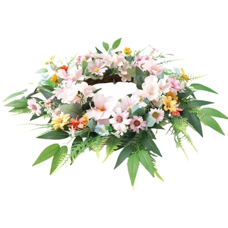 Artificial Flower Wreath with Leaves Spring Wreath Plant Decoration for Front Door Garden Indoor and Outdoor Decoration 15UB