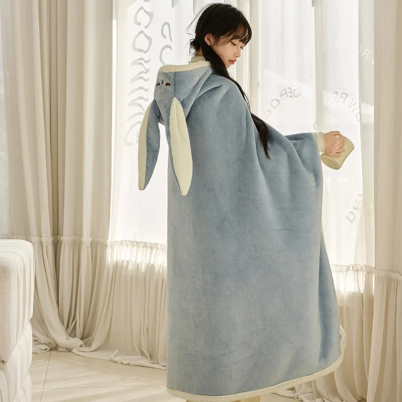 Bunny Ear Hooded Wearable Blanket, Fluffy Plush Cape Throw Blanket, Cute Rabbit Hood Shawl Blanket for Sofa Lounging