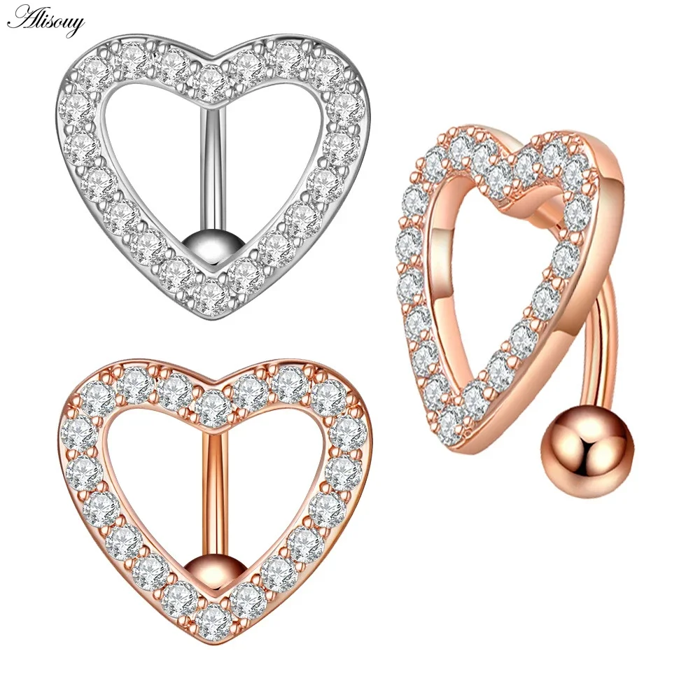 Alisouy 1PC 14G Rose Gold Color Stainless Steel Belly Ring Heart CZ Crystal Navel Belly Button Rings Butterfly Navel Piercings