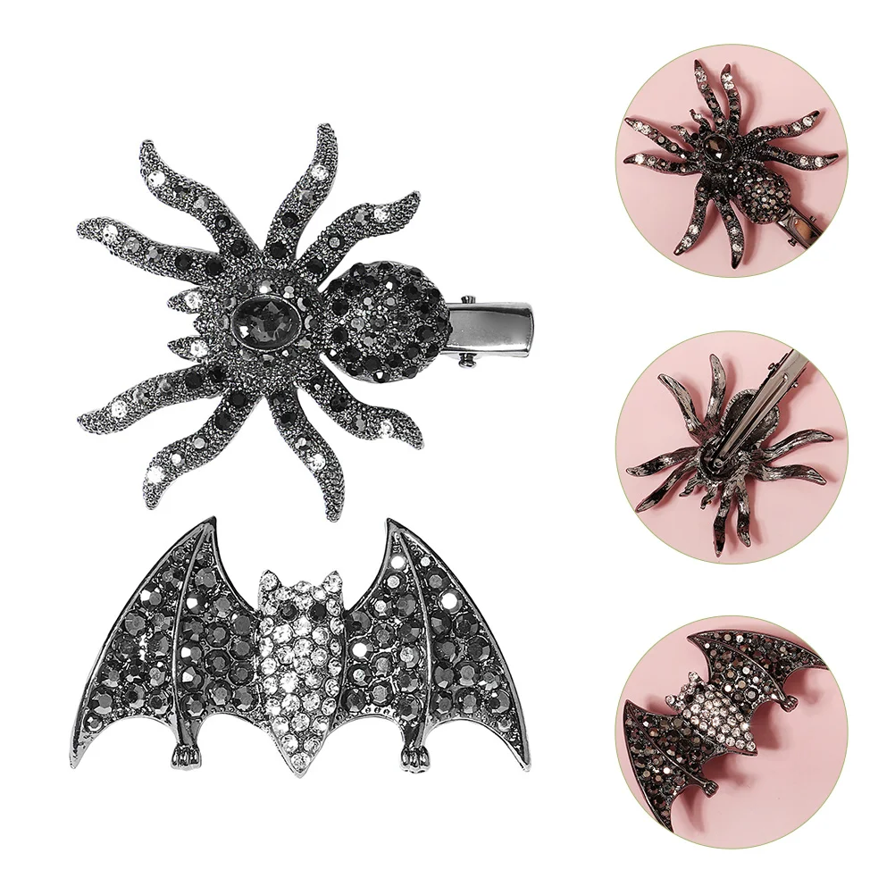 

2 Pcs Spider Hair Accessories Bat Hairpin Goth Clips Rhinestones Kawaii Alloy Halloween Banquet