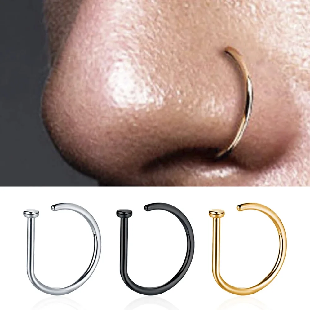 Curved Barbells Fake Nose Piercing 18G D Shaped Tragus Helix Stud Earring Hoop Septum Stainless Steel Ring Nostril Body Jewelry