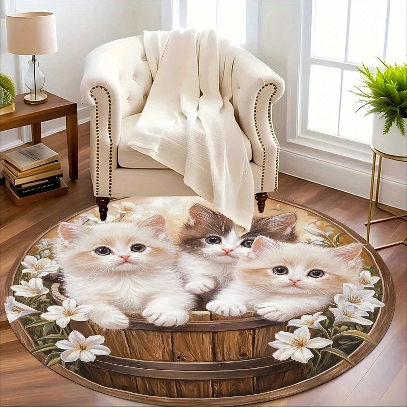 1pc 2D Flat Round Floor Mat, Kittens in Wooden Barrel Printed Rug, Home Decor, Suitable for Living Room and Bedroom