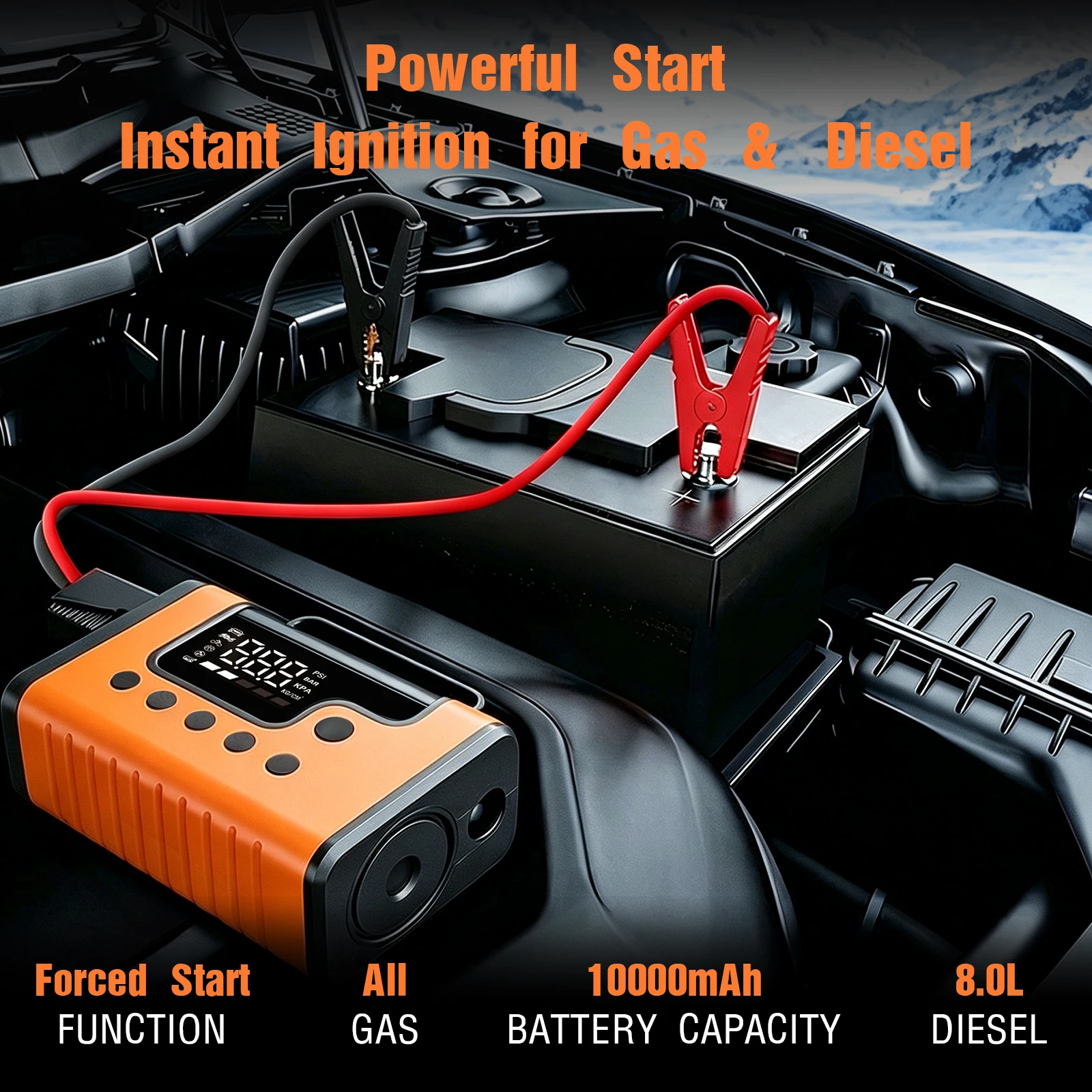 8-in-1 Emergency Jump Starter 150PSI 600A (1200A Peak) 10000mAh with Air Pump Vacuum & Inflator 5000Pa Suction Compressor LED Lighting Red/White Emergency Flashlight 12V for Gas & Diesel Vehicles