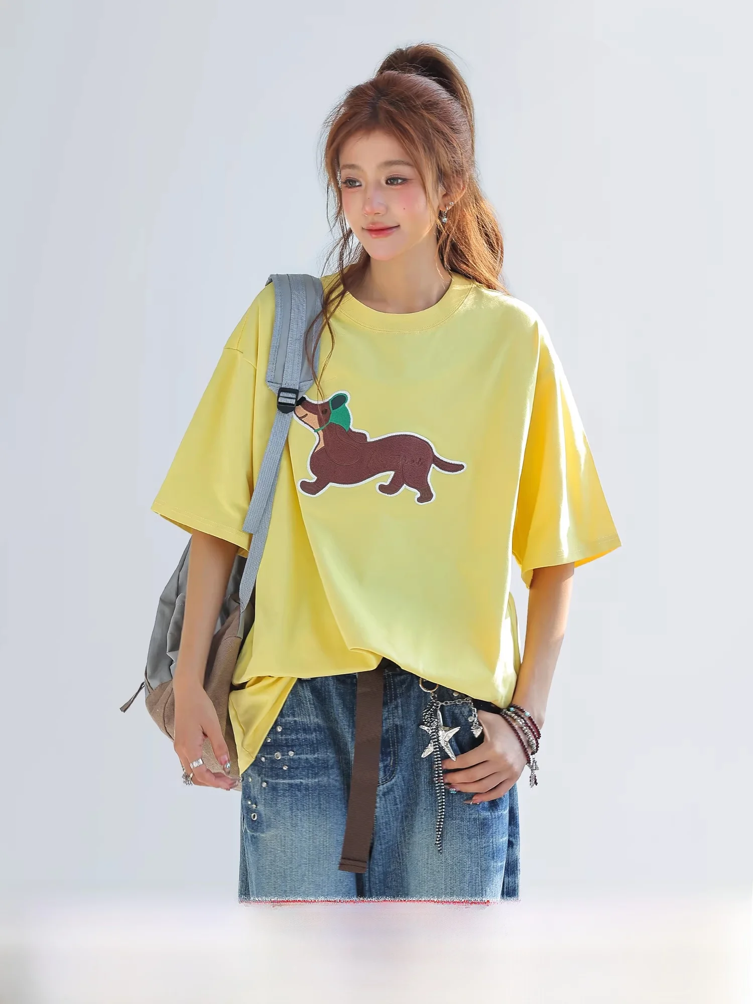 

Женская летняя футболка Chant2nd Cute ort Sve с вышивкой, круглым вырезом, свободного кроя, повседневная, из смесового хлопка и полиэстера