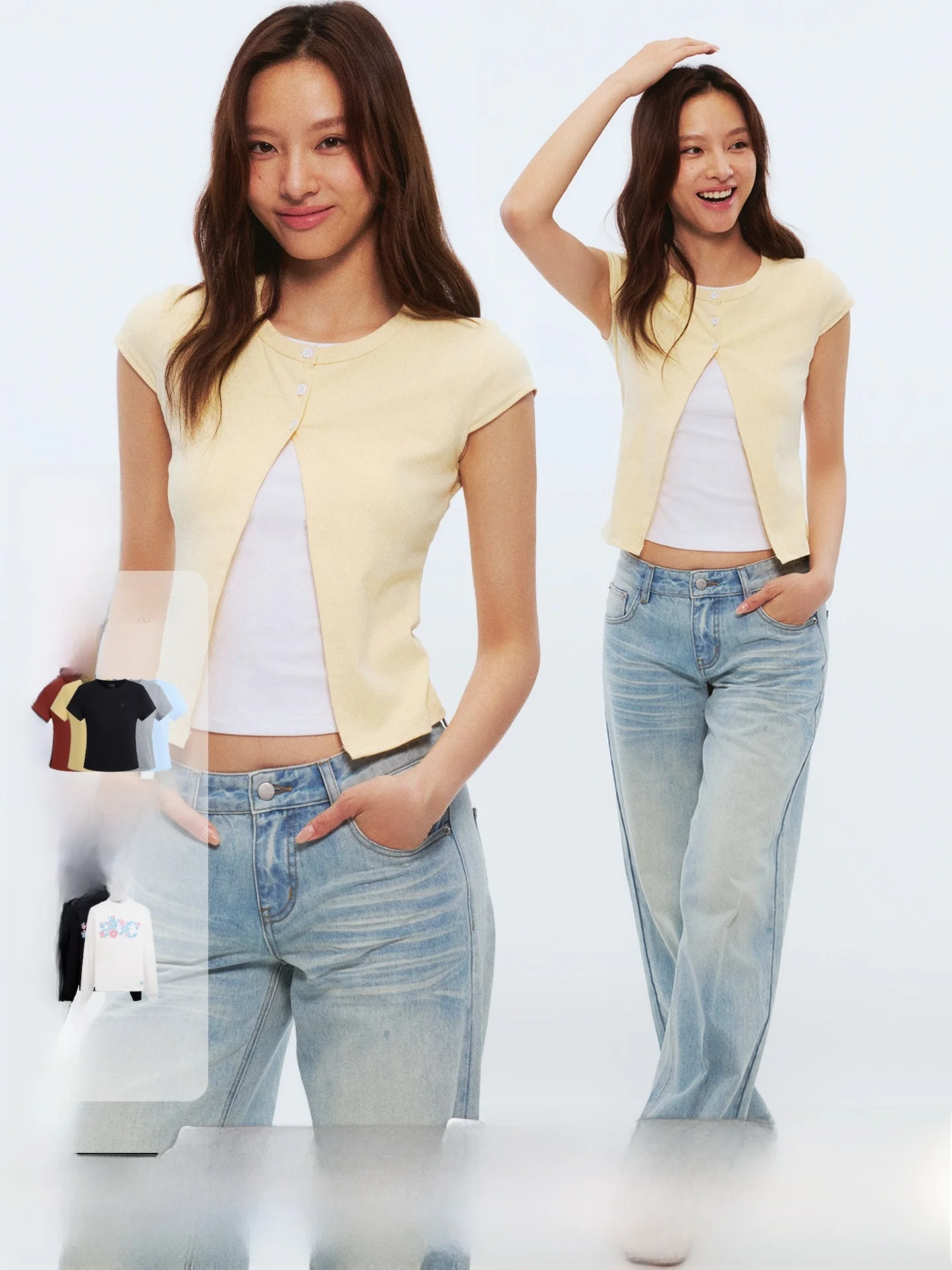 Heyabc Korean Style round Neck Color Block Short Sleeve T-Shirt Women Summer Versatile Button Split Design Top Fashion Trend ...