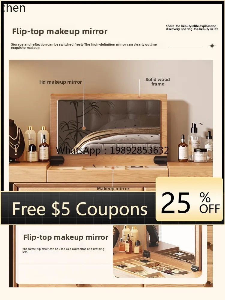

Natural Wood Style Dressing Table Storage Cabinet Integrated Bedroom Modern Simple Extendable Corner Makeup Table
