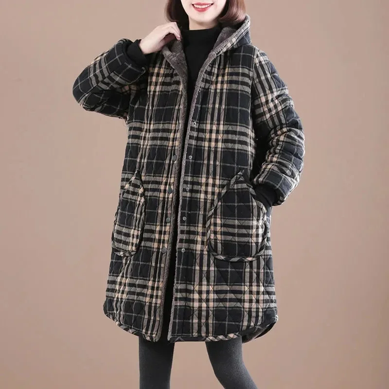 Women's Cotton Coat Parka Mid-Length Hooded Plaid Jacket Outerwear Winter Jacket Loose Add Velvet To Keep Warm Overcoat Female