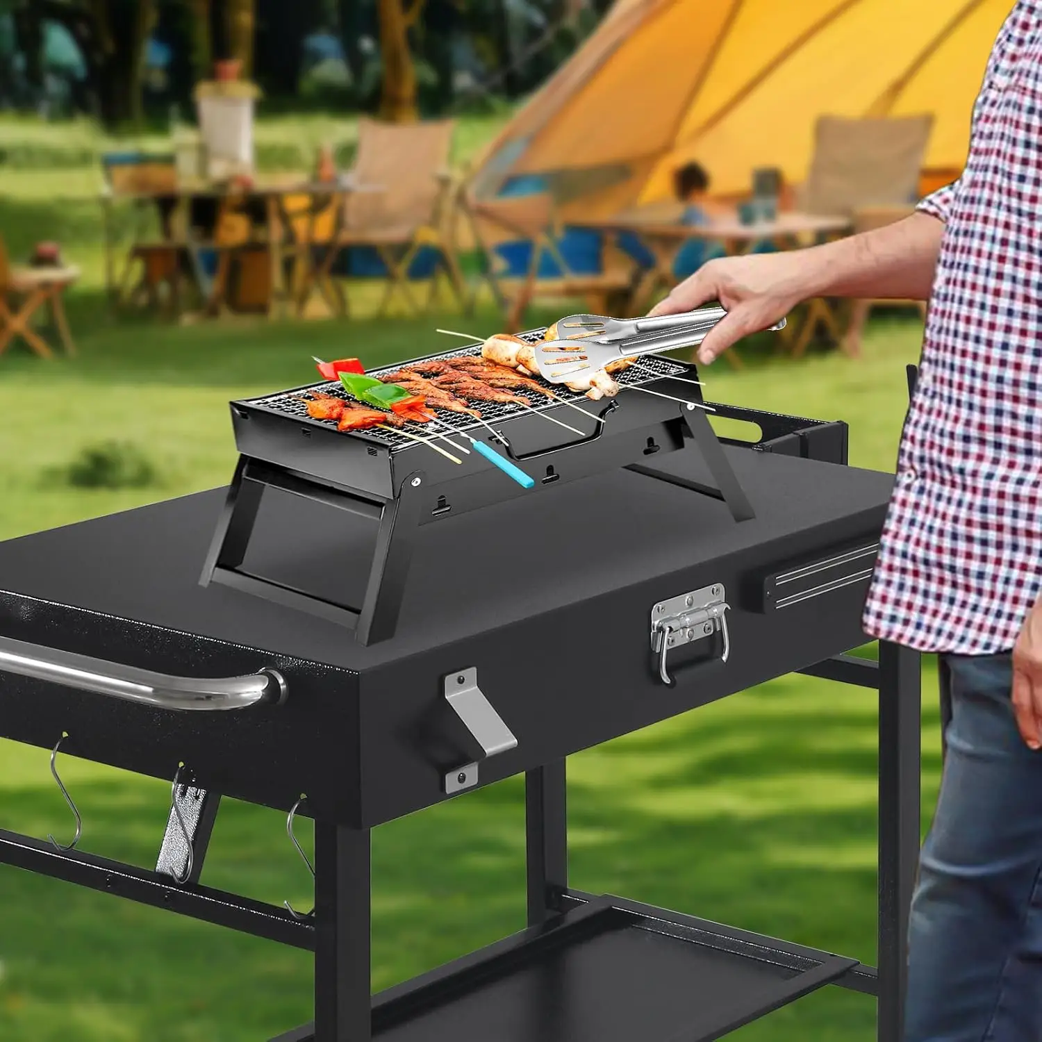 Outdoor Foldable Grill Cart & BBQ Prep Table, Portable Cooking Worktable with Locking Wheels, Paper Towel Holder, Spice Rack, and Double Storage Shelf for Backyard Barbecue and Camping