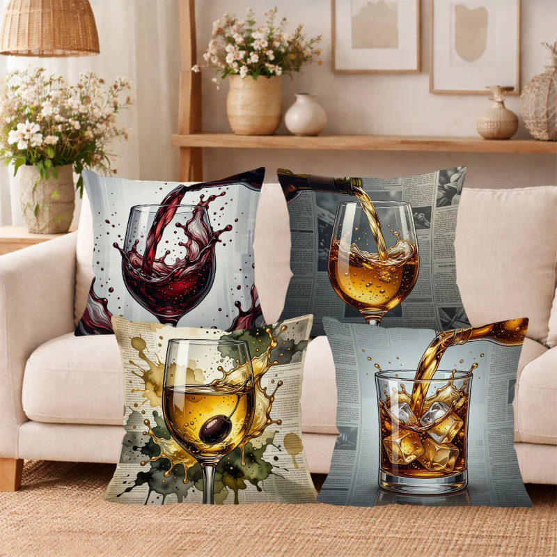 Wine Glass Splash Print Throw Pillowcase Abstract Beverage Liquid Drink Art Pillow Cover 40x40cm Set of 4 Pieces