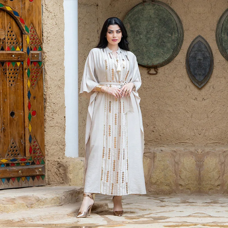 

Eid Muslim Dress Women Party Dresses Jalabiya Sequins Embroidery Lace Up Kaftan Ramadan Morocco Dubai Abayas Vestidos Long Robe