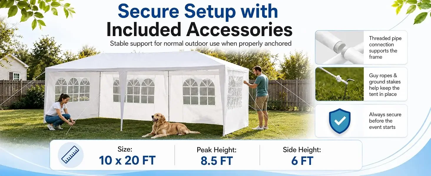 10 X 20 FT Outdoor Party Canopy Tent in White, with Removable Window Sidewalls, Ropes, and Stakes — Ldeal for Backyard Events, Weddings, Graduations, Picnics, and Outdoor Dining.