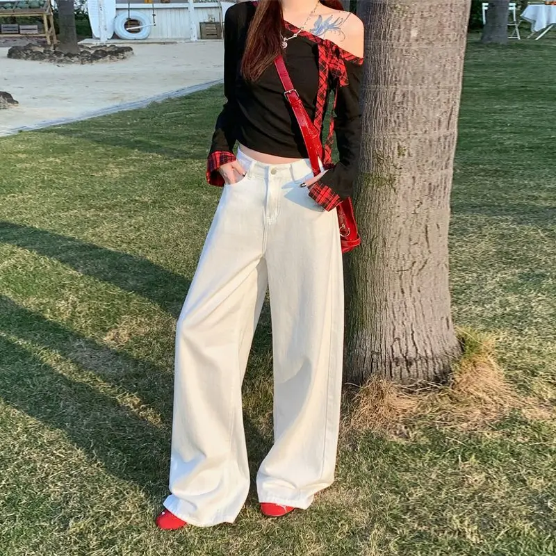 

American Style Women's White Wide-Leg Jeans with Flip Design, Spring and Autumn, American Retro Casual Trousers