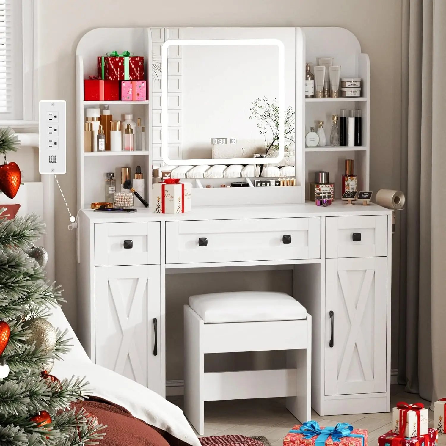 LED 조명이 있는 화장대, 서랍 3개, 캐비닛 2개, 조명 조절 가능, 흰색