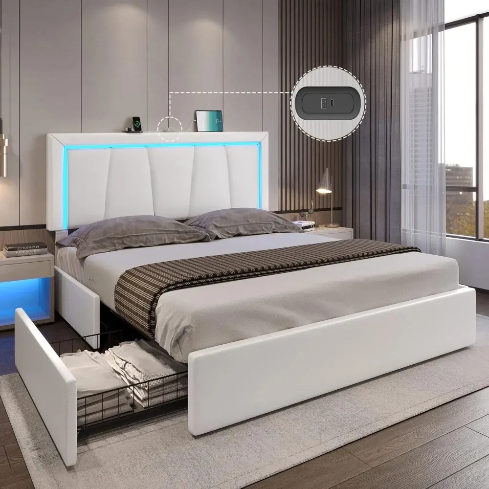 Rangka tempat tidur ukuran queen dengan 4 laci penyimpanan dan lampu Led penyimpanan Platform berlapis kain dengan USB dan papan kepala Cali King