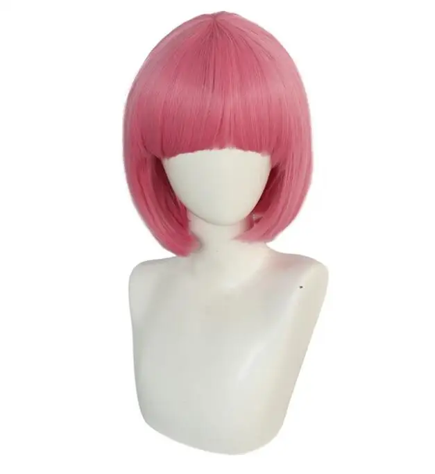 Rechte Groene 12 Inch Korte Roze Oranje Sexy Vrouwen Bob Cosplay Pruik Met Platte Pony Voor Halloween Kerstschool