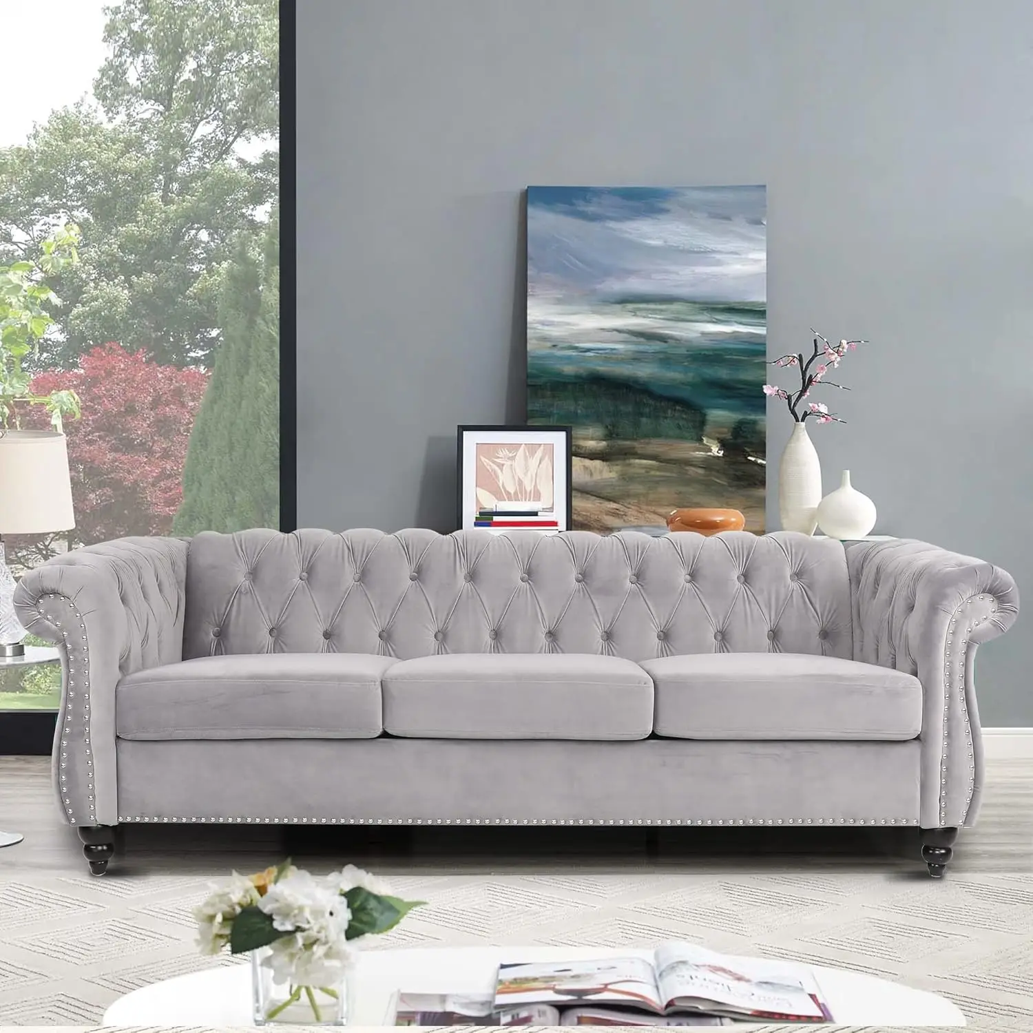 Large Sofa, Velvet Sofa Three-seat Sofa Classic Tufted Chesterfield Settee Sofa Modern 3 Seater Couch Furniture Tufted Back for