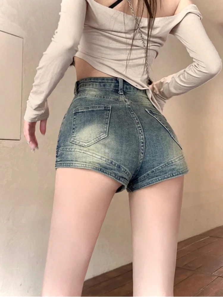 

Ретро-шорты в американском стиле для девушек, с высокой талией, из выстиранного денима, женские, весенние, укороченные, с эффектом похудения, прямые джинсовые шорты