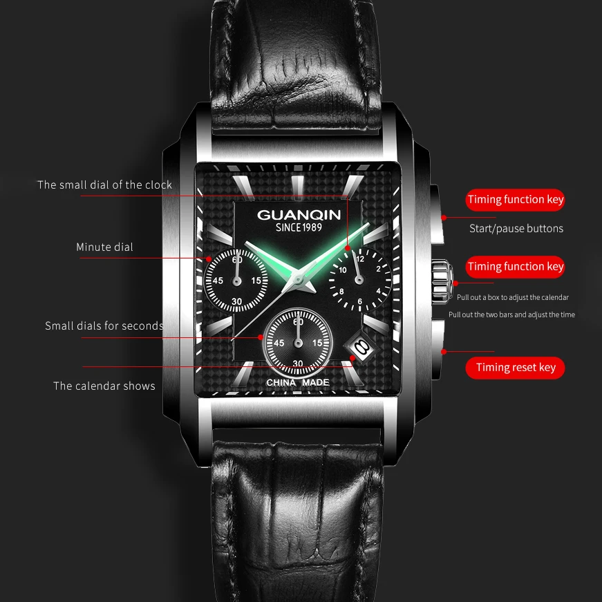 GUANQIN 2024 NEW watches for Man Leather Strap 50M Waterproof Man Quartz Watch Luminous Calendar Multifunctional Reloj hombre