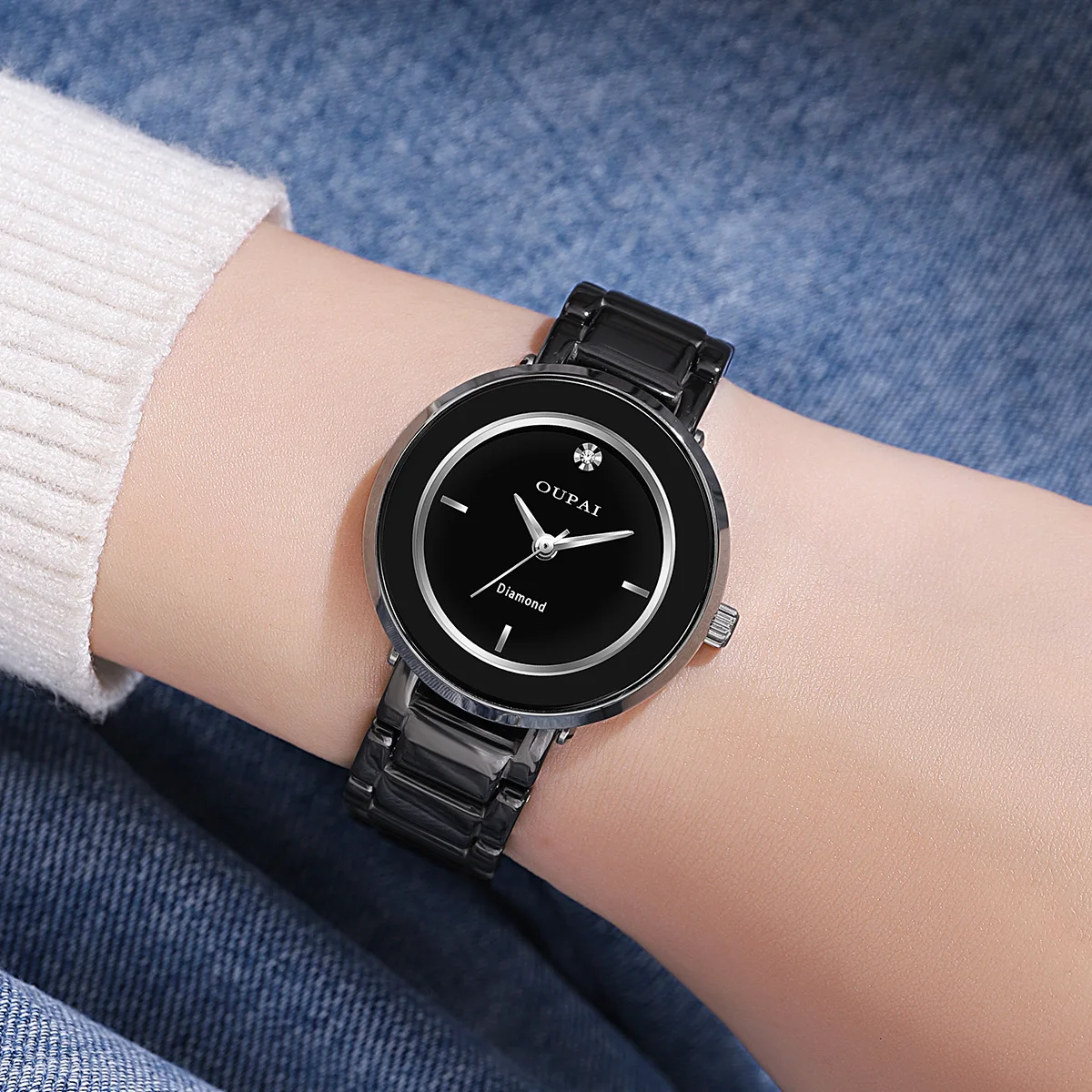 

Oupai элегантные черные часы с керамическим ремешком круглой формы, женские кварцевые часы, устойчивые к царапинам, модные простые женские часы с бриллиантами