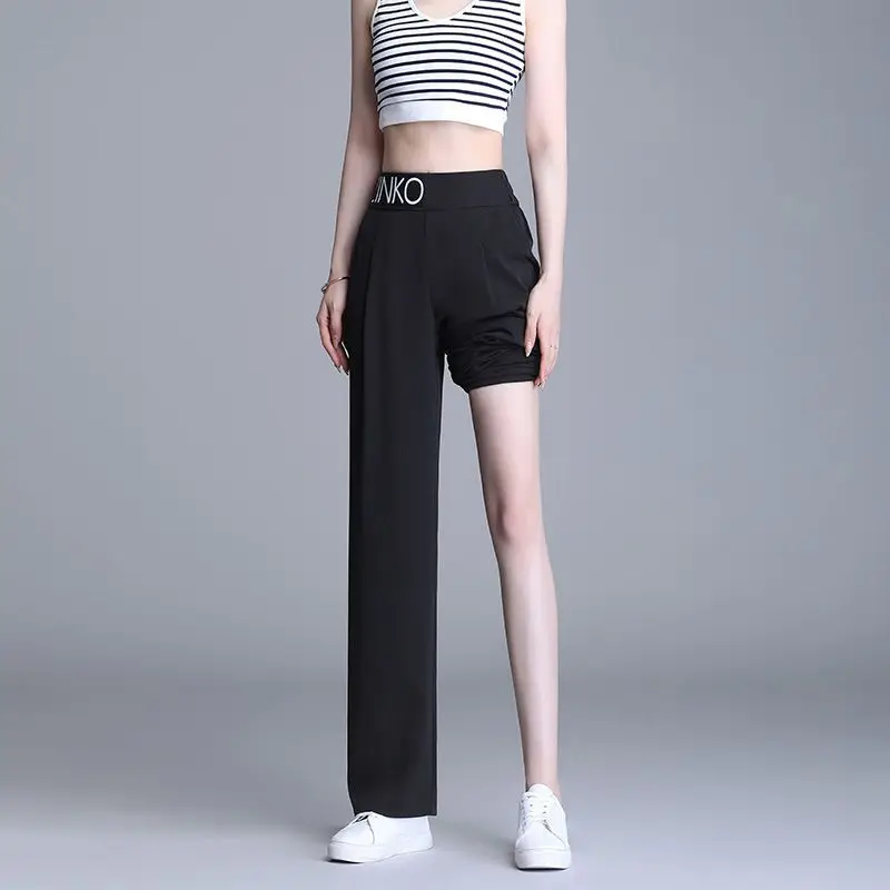 Pantalones de chándal rectos de seda de hielo para mujer, pantalones informales de cintura alta, elásticos, delgados, versátiles, negros, moda