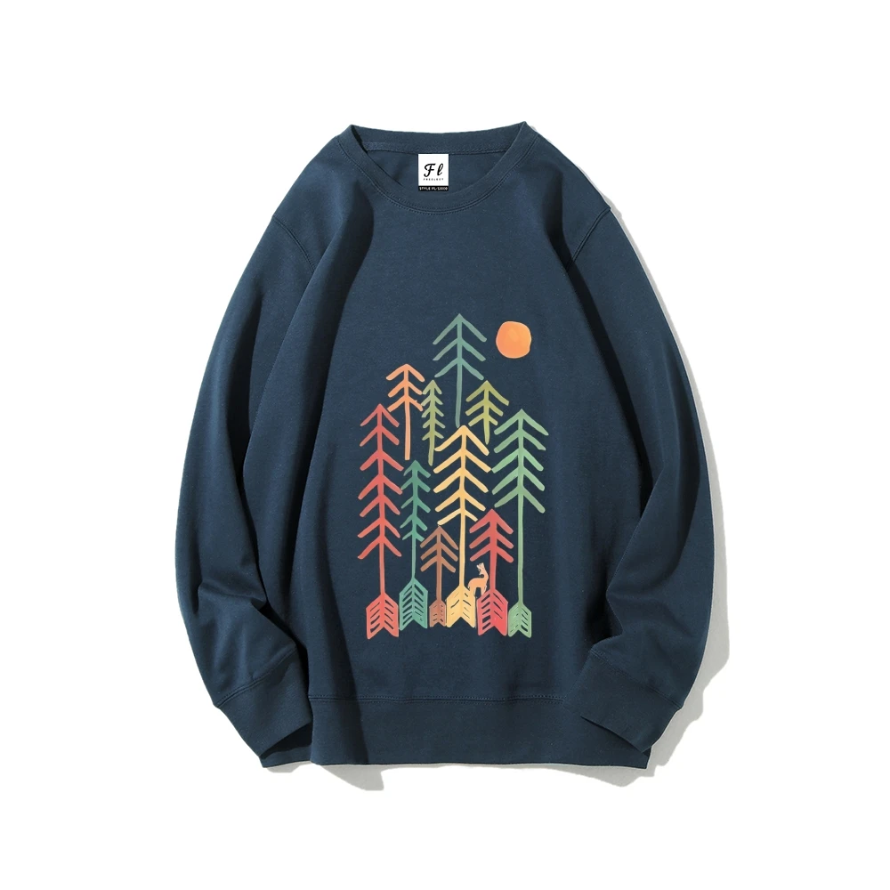Kleurrijk Forest Sun Sweatshirt Levendige boomprint Creatieve Nature Vibe Stijlvolle casual losse ontspannende streetwear top met lange mouwen