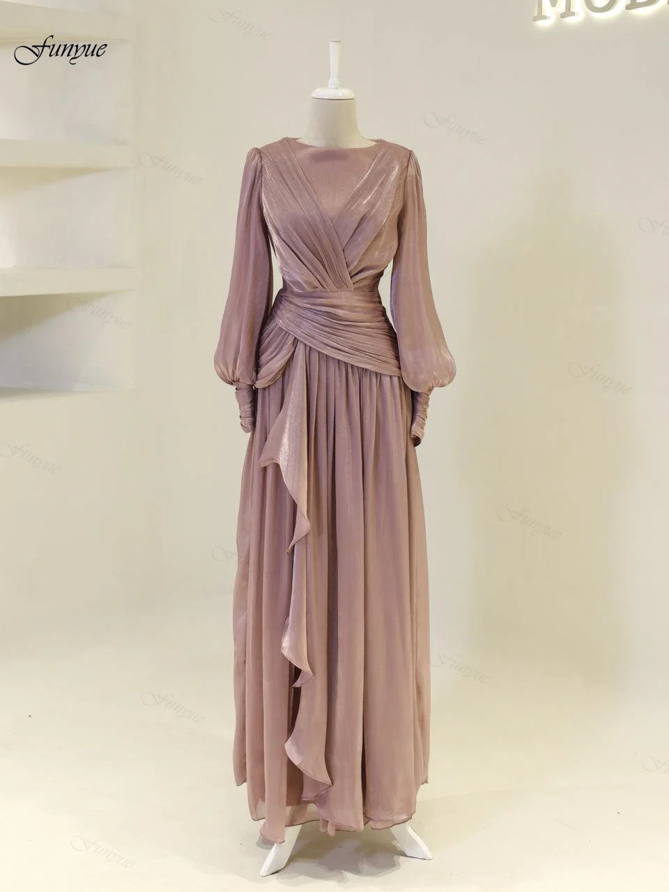 

Customized Muslim Evening Dresses Women Elegant Vestido De Gala Chiffon Ruffles Long Sleeves Wedding Guests Formal Party Gown