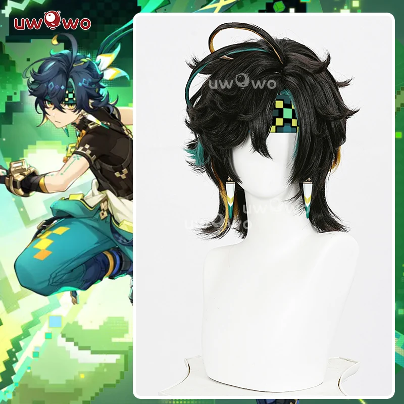 

UWOWO Kinich Wig Game Genshin Impact Kinich Cosplay Wig Black highlight yellow green Hair Short Hair Halloween Wig