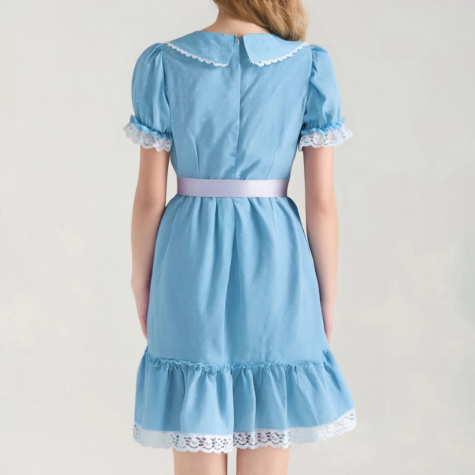 2025 Women Sweet Appliques Mini A Line Dress Short Puff Sleeve Doll Collar Lace Patchwork Dress with Floral Belt