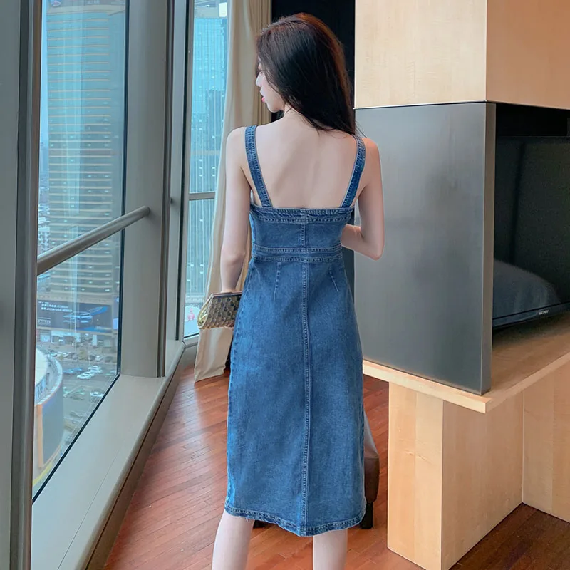 Women Vintage Elegant Fashion Single-breasted Denim Slim Package Hip Dresses 2025 New Summer Sexy Sling Bodycon Dress Vestidos