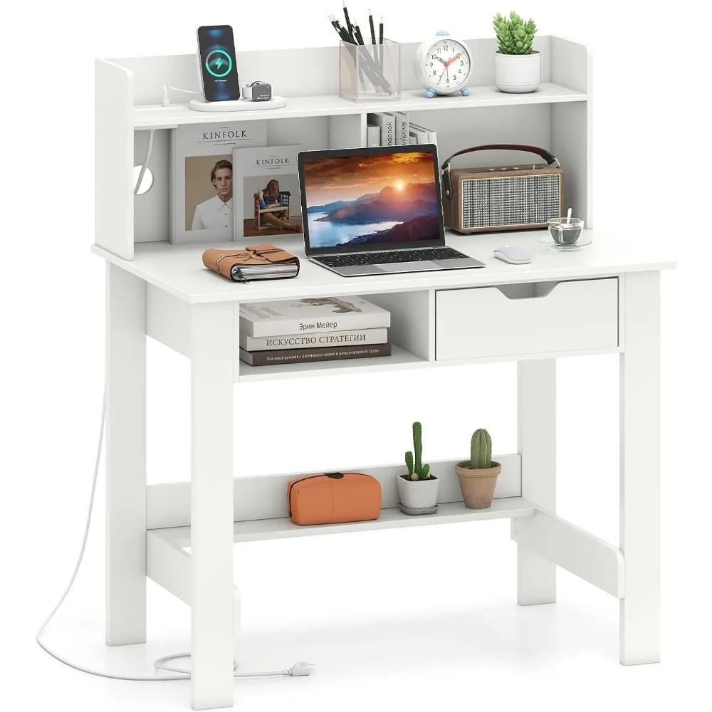 

Белый компьютерный стол премиум-класса с ящиком, стол для домашнего офиса с розетками, USB-портами, Type-C, полкой для хранения и ящиком