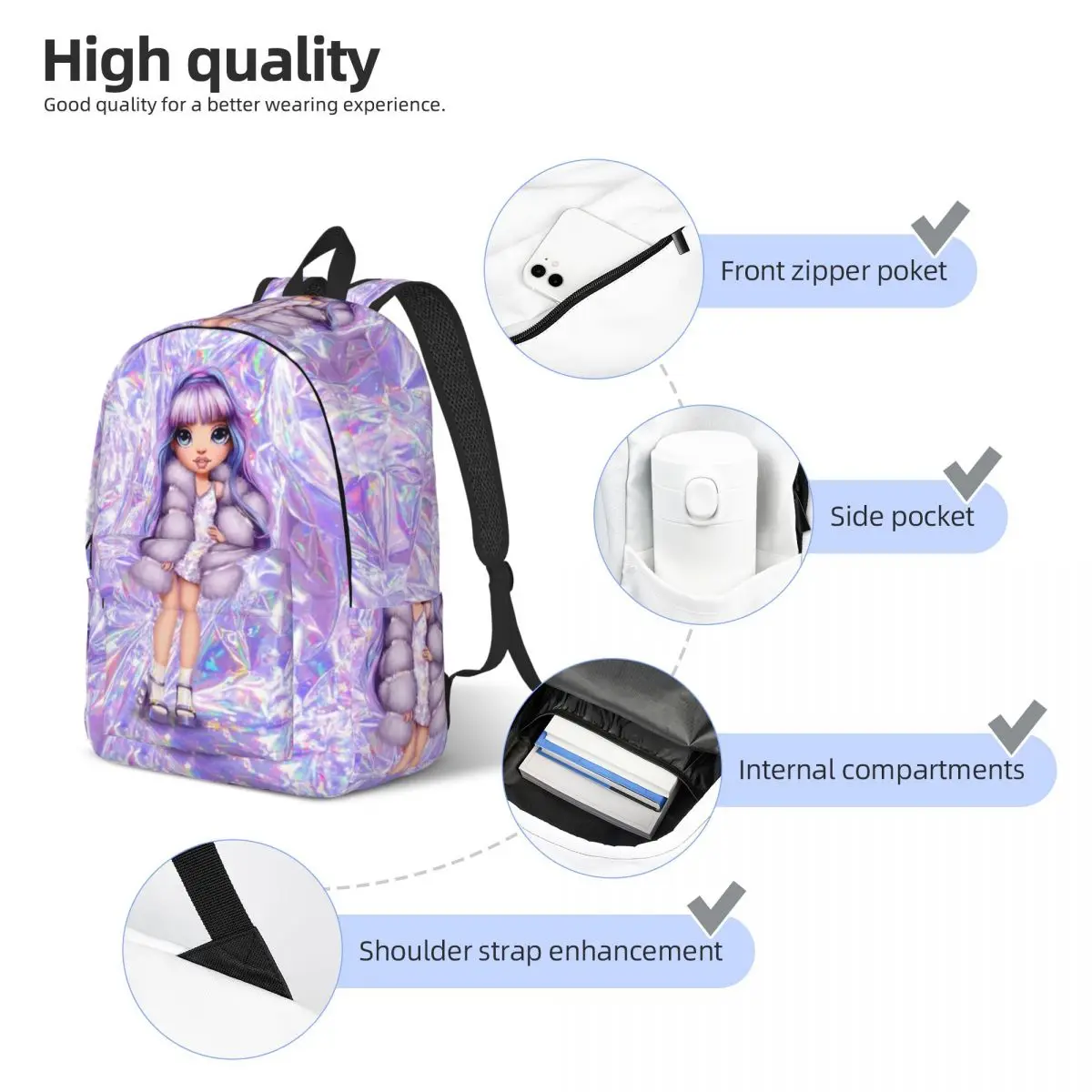 Rainbow High Violet Willow Canvas Escola Bookbag, Daypack para Adolescentes Estudante, Bookbag ao ar livre para Middle High College