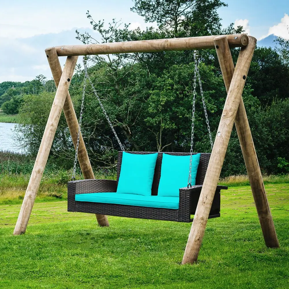 

Patio 2-Person Rattan Hanging Porch Swing Bench Chair Cushion Turquoise for Front Porch, Garden, Backyard Patio Swing