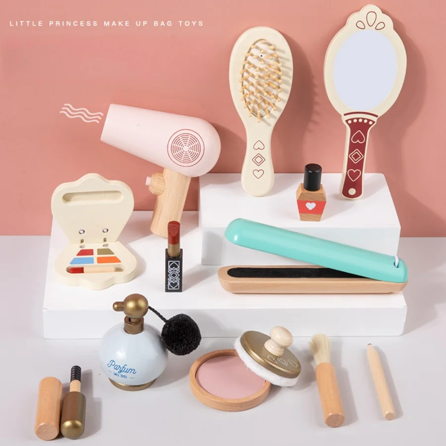 

Wooden simulation makeup, playing house, children's toys, hair dryer, cosmetics, princess dressing, girl's birthday
