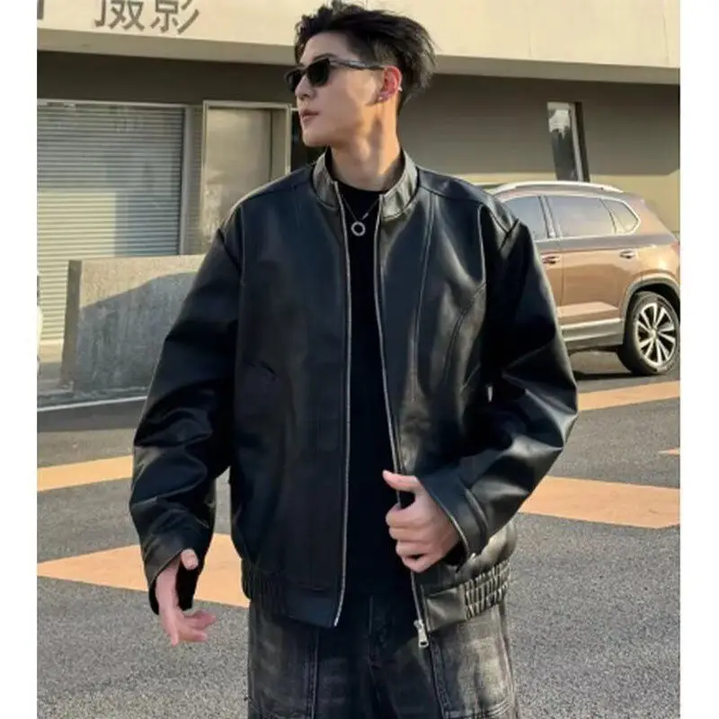 

Облегающее повседневное мужское кожаное дэт с воротником-стойкой в стиле ретро, уличное байкерское пальто из искусственной кожи, универсальное американское трендовое зимнее пальто