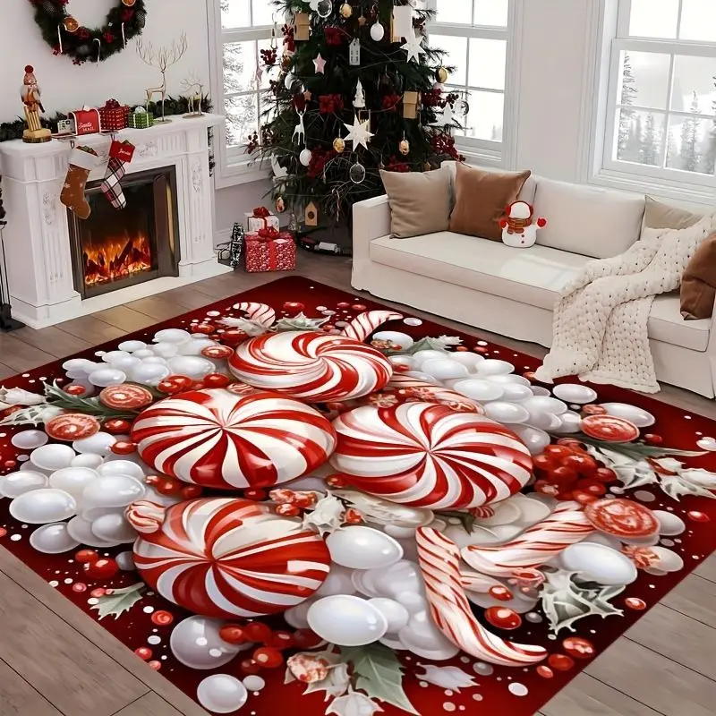 VIKAMA Merry Christmas Large Area Rug Peppermint Candy Pattern Vintage Washable Floor Mat Living Room Hallway Home Decor