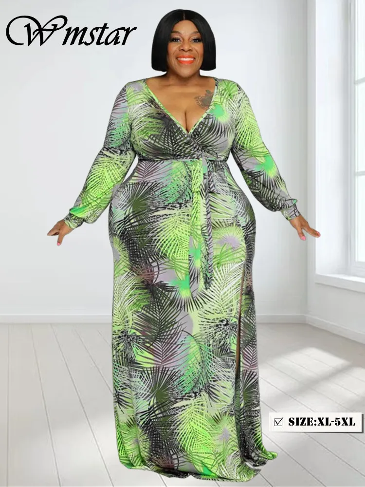 Wmstar Plus Size Dresses for Women Print Casual Fashion V Neck Sexy Maxi Dress New in Summer Clothes Wholesale Dropshipping 2024