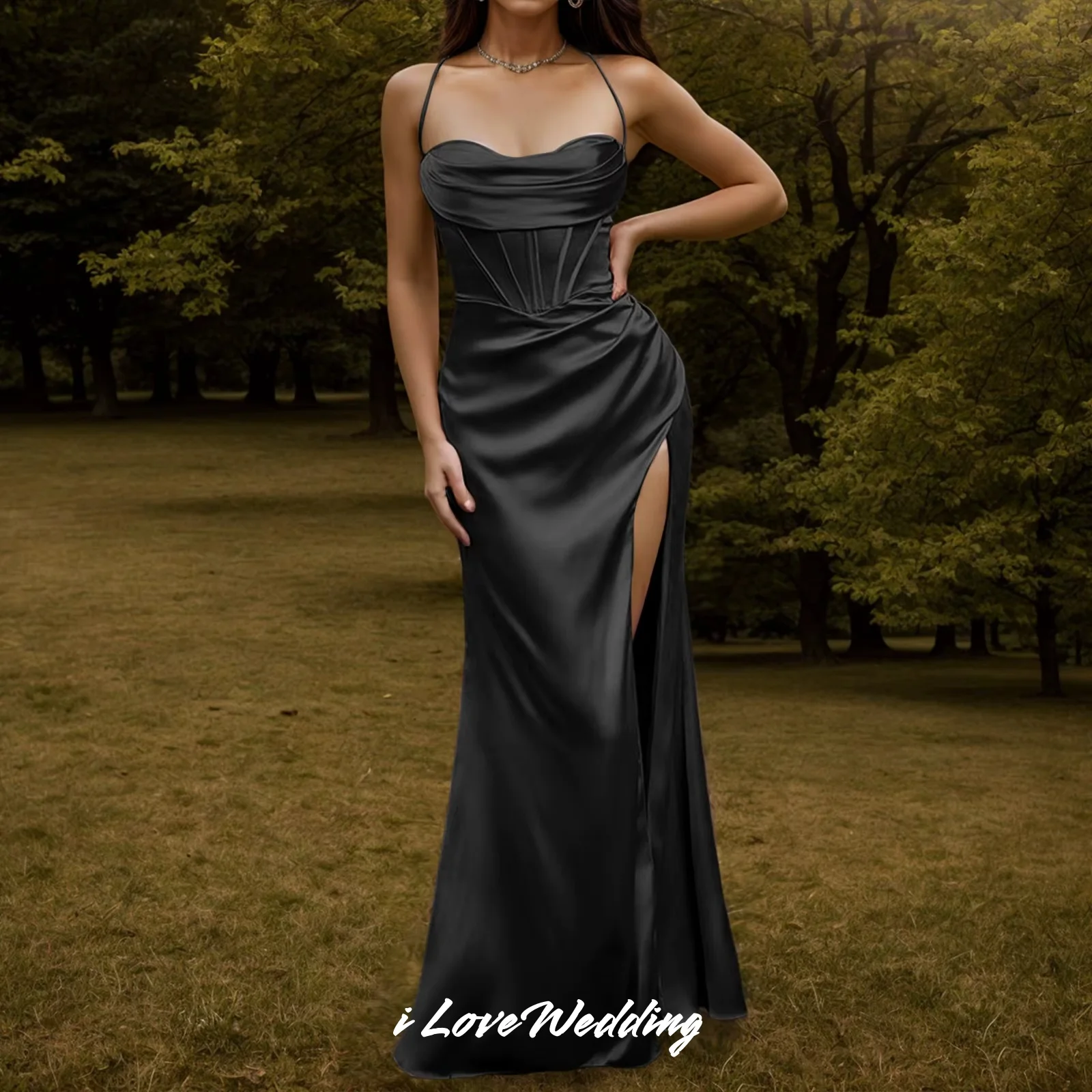 

Elegant Spaghetti-Strap Evening Dresses 2025 Satin Sleeveless Pleated Mermaid Floor-Length Split Wedding Guest Dress Customized