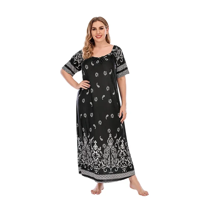 Plus Size Dress Retro Chubby Mm Loose Terrace Dress Casual Vacation Short Sleeved Ice Silk Long Dress 200 Pounds Can Be Worn