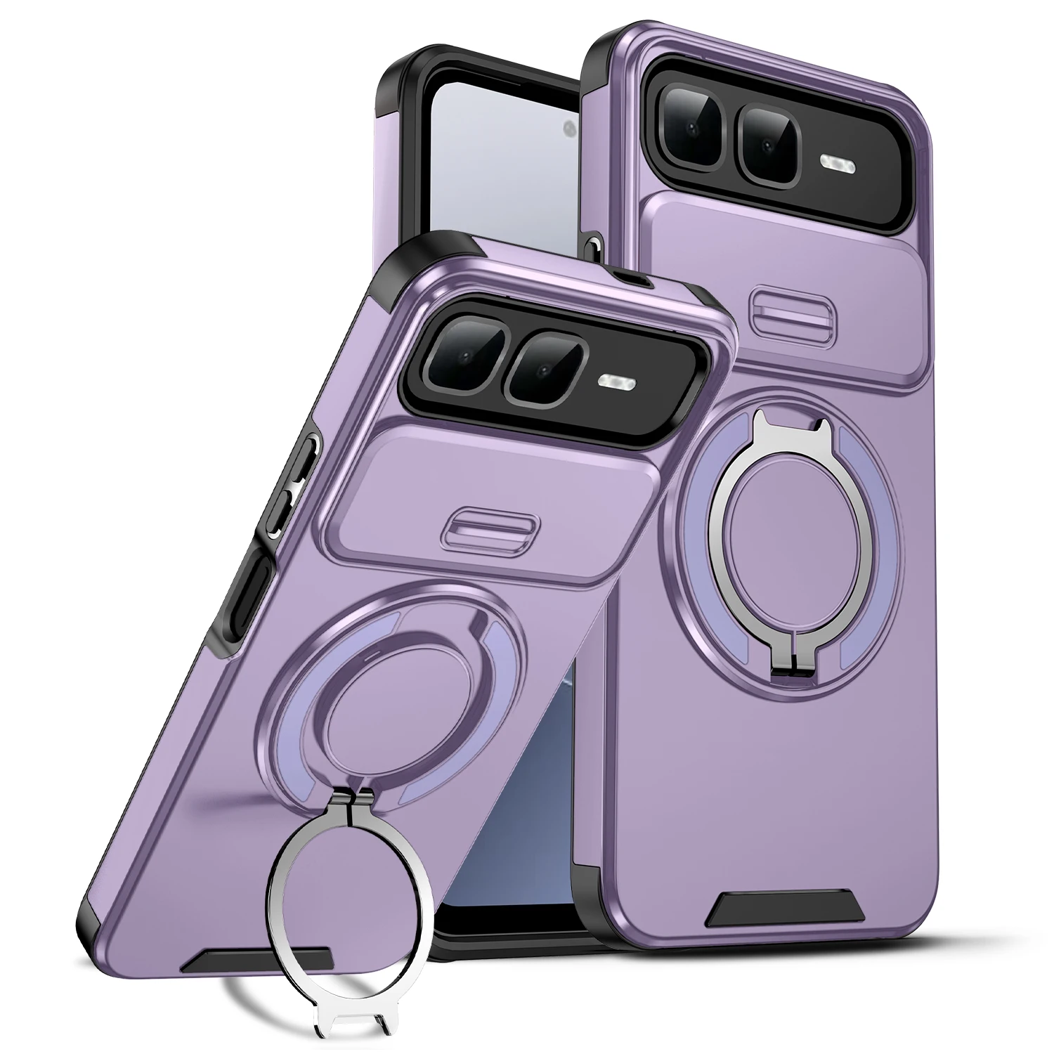 Sliding Camera Lens Protection Armor Phone Case For Infinix Hot 60i 5G 360° Rotate Ring Holder Kickstand Shockproof Back Cover