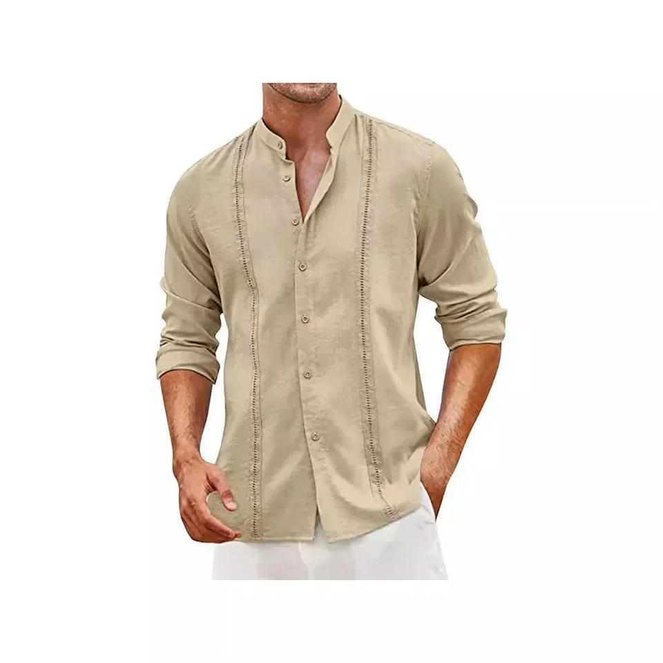 2026 Europe and America Men's Cotton Linen Long-sleeved Shirt Stand Collar Fashion Button Summer Casual Beach Holiday Shirt