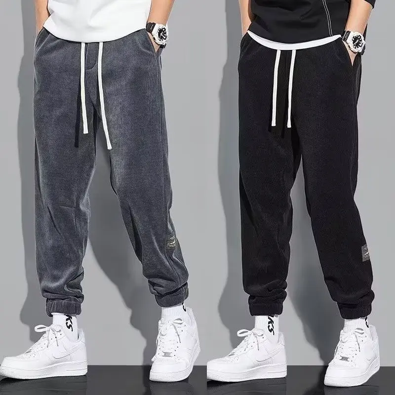 

Men's Fce Lined Thiened Casual Sports Loose Cuffed Core Velvet Sweatpants Trendy Long Pants Middle Low Waist Winter Wear