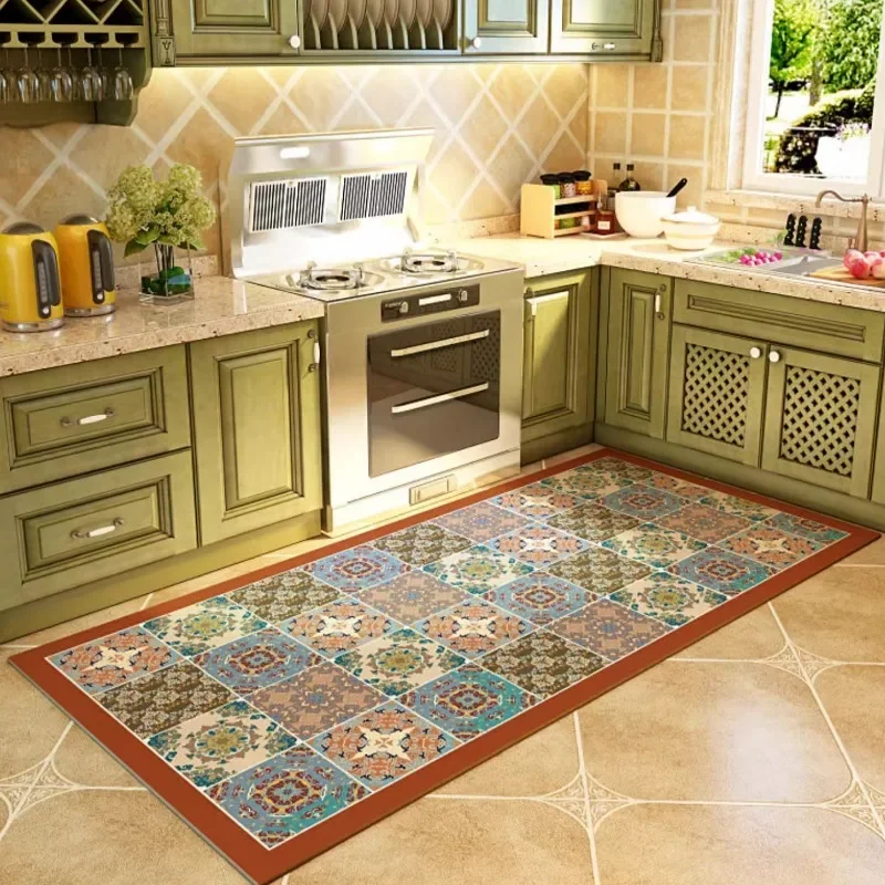 American Retro Kitchen Carpet PVC Leather Balcony Oil-proof Non-slip Soft Rug Waterproof Scrubbable Dirt-resistant Foot Mat 러그